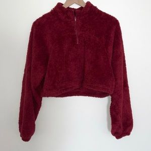 shein crop fuzzy burgundy pullover sweater